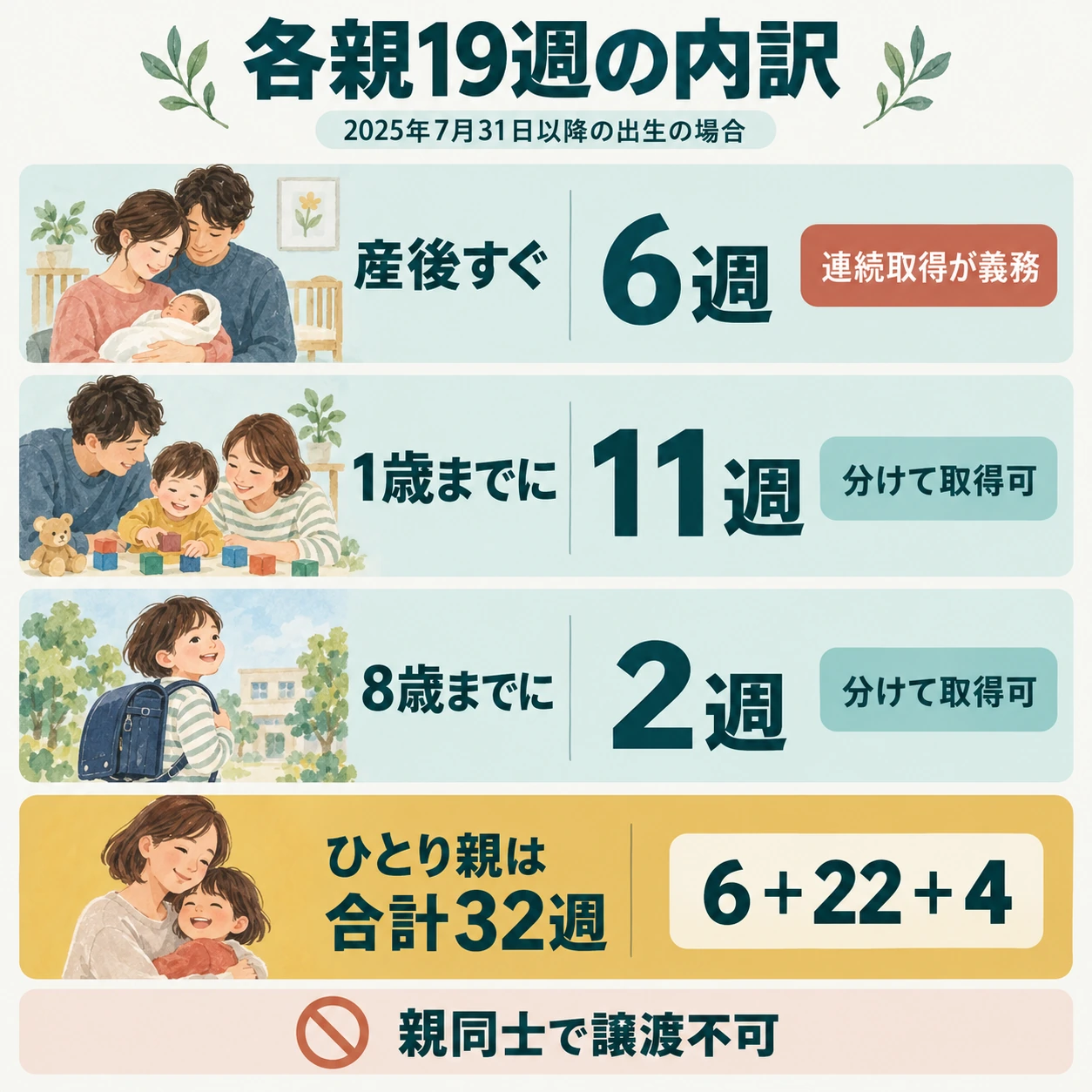 各親19週は産後の義務休業6週、1歳までの11週、8歳までの2週。ひとり親は6・22・4の計32週